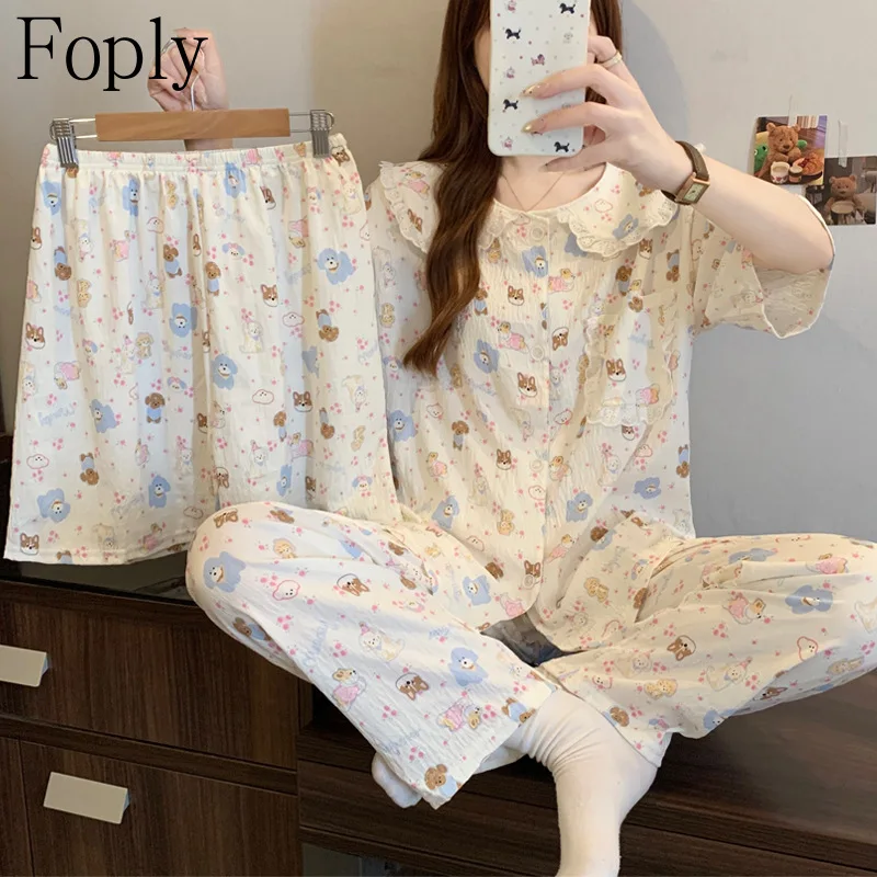 3Piece Korean Cartoon Woman Pajama Set Clouds Cotton Pyjama Ins Style Doll Collar Lace Sweet Sleepwear Pants Pijama Loungewear