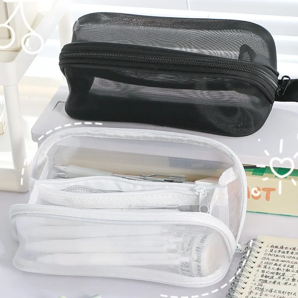 

Large Capacity Mesh Pencil Case Solid Color Cosmetics Storage Korean Pencil Bag Portable Zipper Stationery Storage Bag