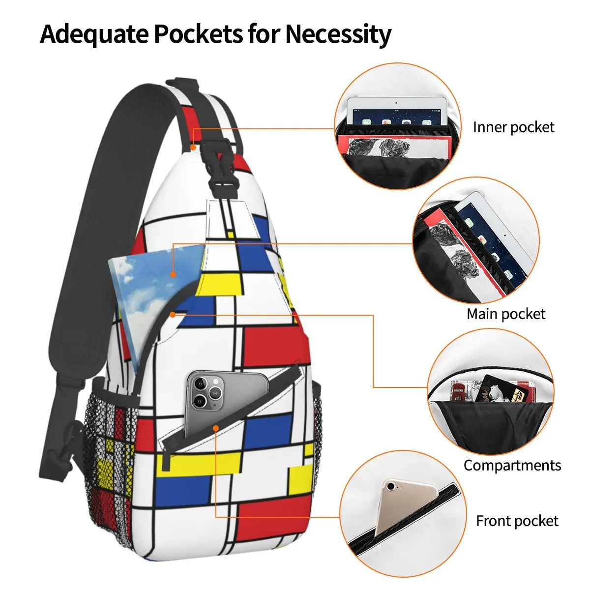 Minimalist De Stijl Small Sling Bag Chest Crossbody Shoulder Sling Backpack Outdoor Hiking Daypacks Men Women School Bags