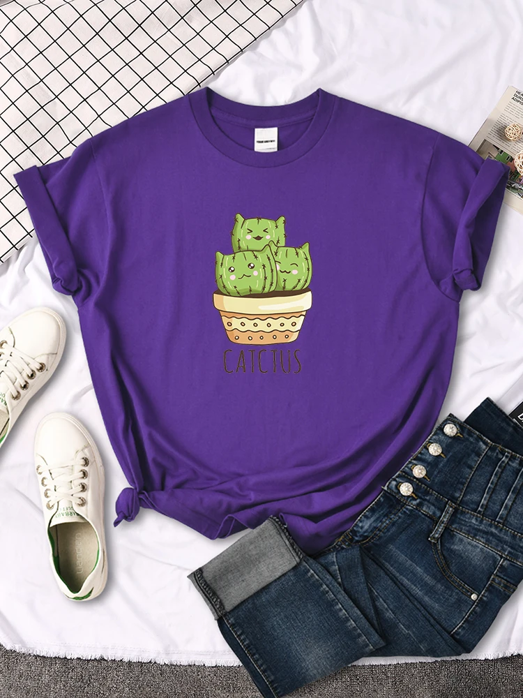 female Short sleeve Three cute cacti Cartoon printed T shirt womens kawaii oversized Soft Loose tops summer All-match Slim tees