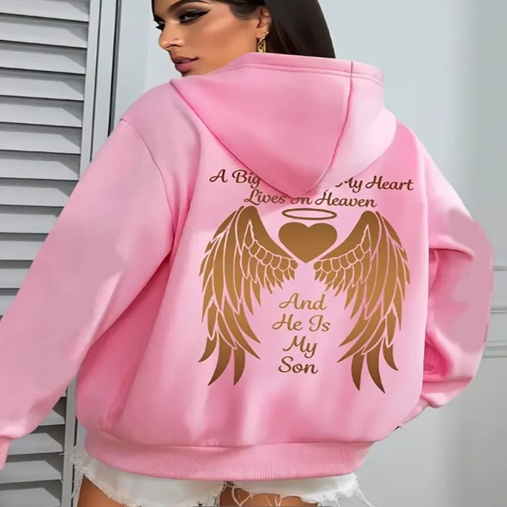 

Plus Size Heart & Wings Print Hoodie Casual Kangaroo Pocket Drawstring Long Sleeve Hooded Sweatshirt Women's Plus Size Clothing