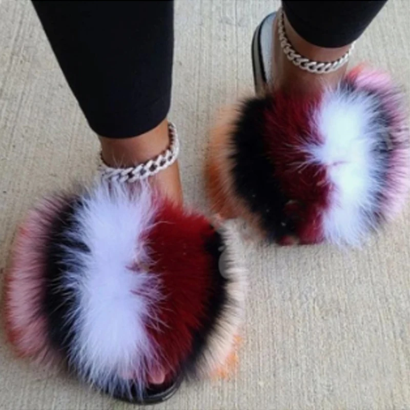 Pantuflas De Peluches Zapatillas Mujer Indoor Racoon Furry Fur Slides Sandals 100% Fluffy Fox Raccoon Fur Slipper For Women