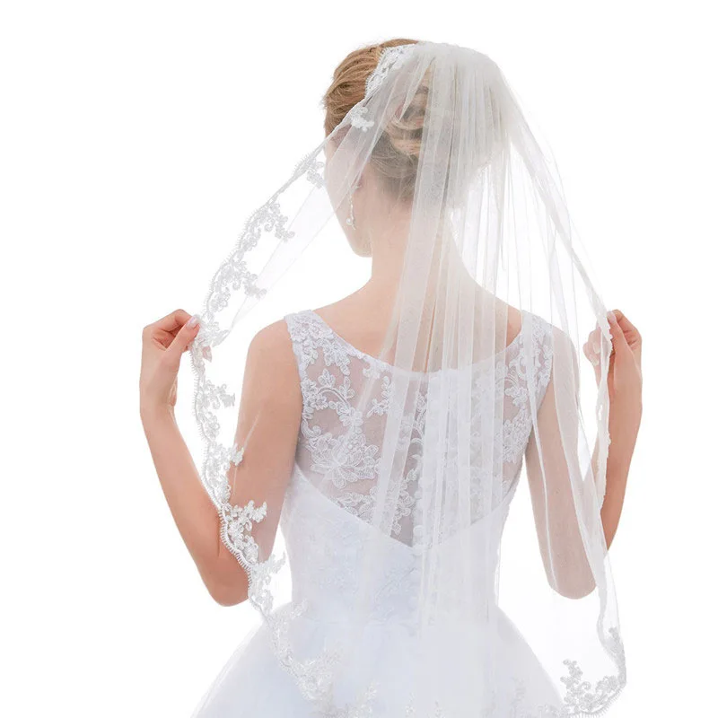 New Arrival Top End Lace Veils For Velo De Novia White Ivory Vintage Short Elbow Wedding