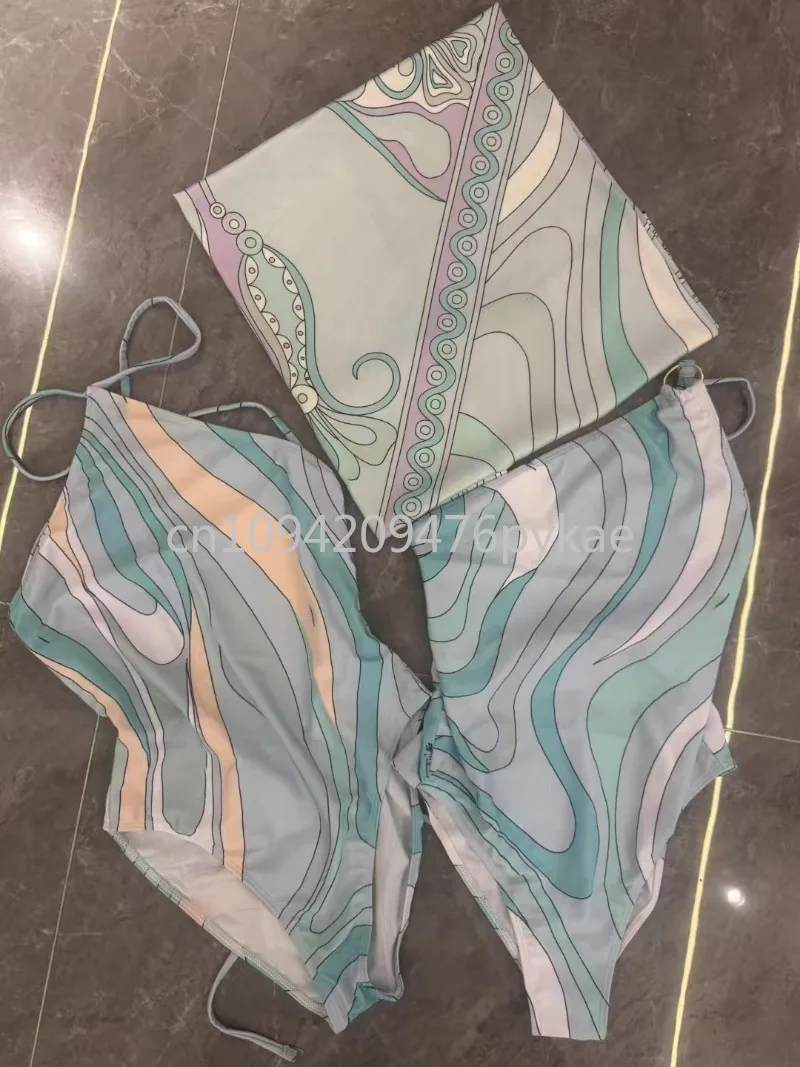 Luxury Design ผู้หญิงผ้าพันคอสีฟ้าชุดว่ายน้ํา Designer ยี่ห้อ Lady Beach ชุดว่ายน้ํา