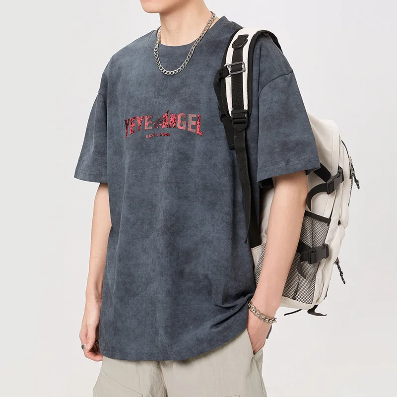 Korean fashion street T-shirt men's summer loose elastic hip hop print casual all-matching teen's top