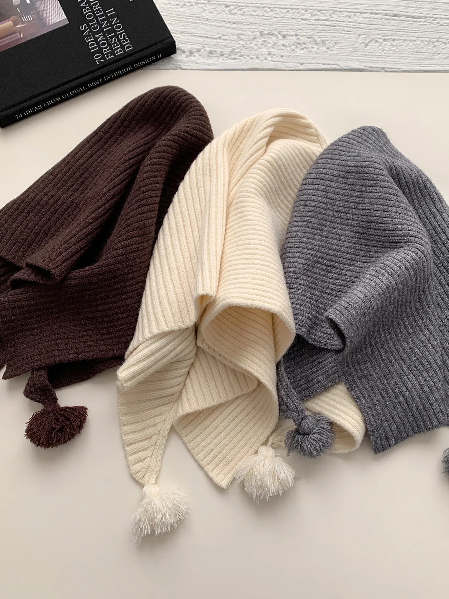 Korean Style Pure Color Knitted  Scarf Women's Autumn Winter Crossed Ball Pashmina Versatile Fashionable Accessory