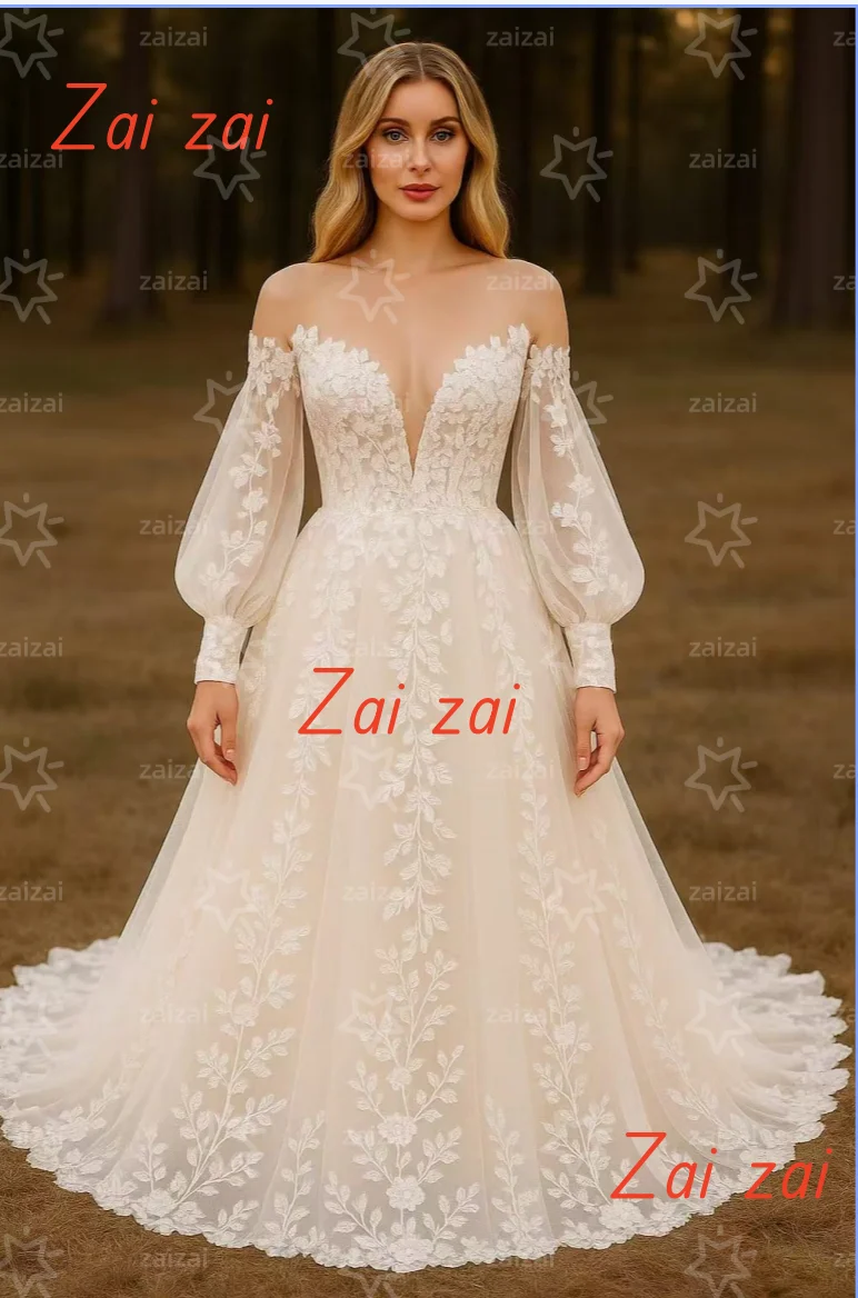 

Customized Sweetheart Neck Lace Applique A Line Wedding Dress Long Sleeve Count Train Bridal Gowns Vestido De Novia