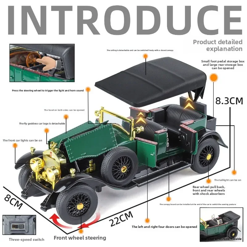 Simulación de coche Vintage, modelo de coche de aleación, colección de juguetes, adornos, luz de sonido, regalo para niño, luz de sonido en miniatura