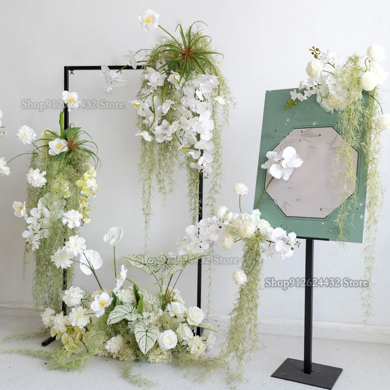 White Artificial Rose Green Leaf Flower Row Wedding Hanging corner Flower Centerpiece Backdrop Wall Deco Table Floral Party Deco view 4