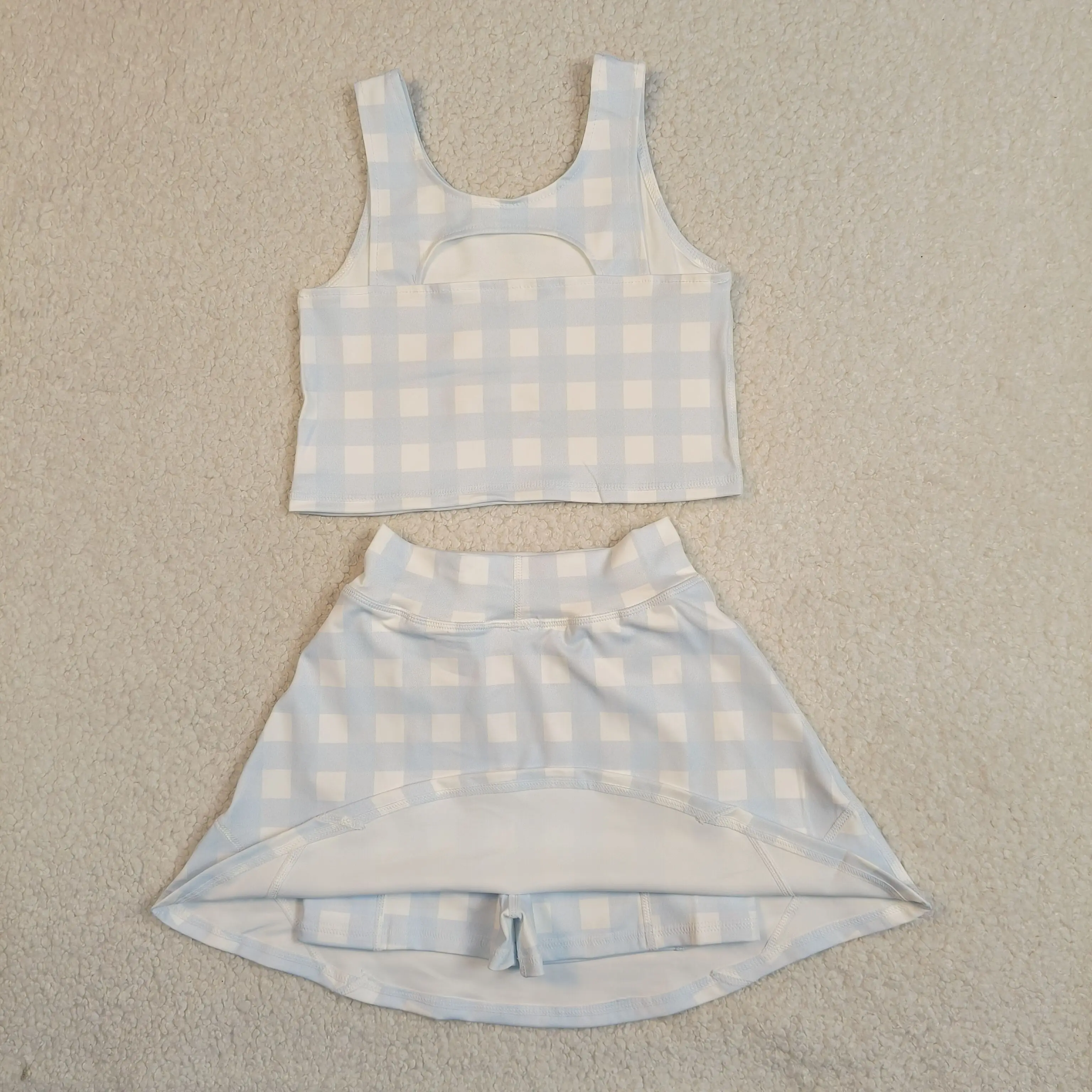 Wholesale Toddler Blue Plaid Shirts Skirt Shorts Kids Skort Sets Athletic Clothes Baby Girl Yoga Active Summer Outfits