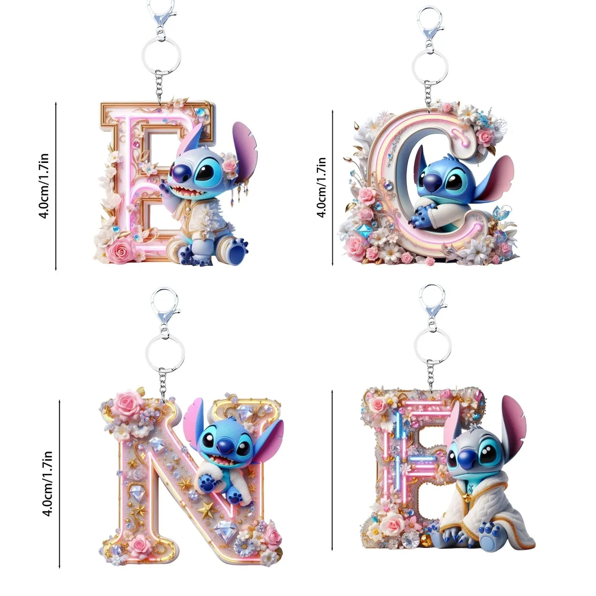 

Kawaii stitch Disney cartoon acrylic flat 2D stilt 26 English letter decoration car pendant animation keychains birthday gift