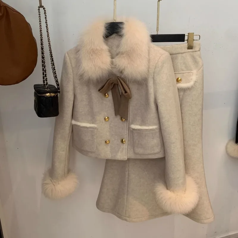 New Luxury Winter Warm Celebrity Women's Two Piece Set Fashion Elegant Long Sleeve Downs Jacket + Slim Skirt Small Fragrant Suit