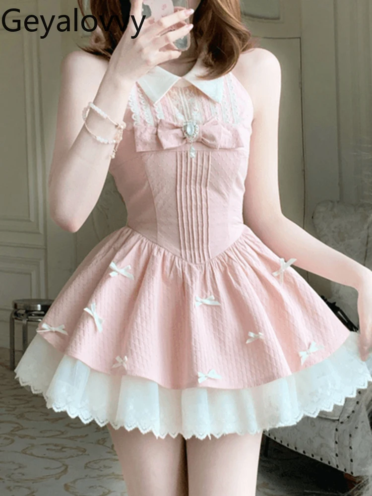 Französisch Süße Mädchen Spitze Spleißen Bogen Hohe Taille Abnehmen Kurzes Kleid Weiblichkeit Sanfte Ärmellose Prinzessin Flauschigen Kleider