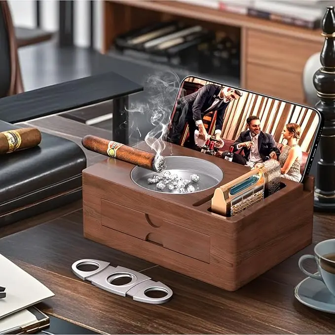 Detachable Wooden Cigar Ashtray with Accessories Drawer Cigar Cutter Included Outdoor/Patio/Home Office Elegant Decor for Men