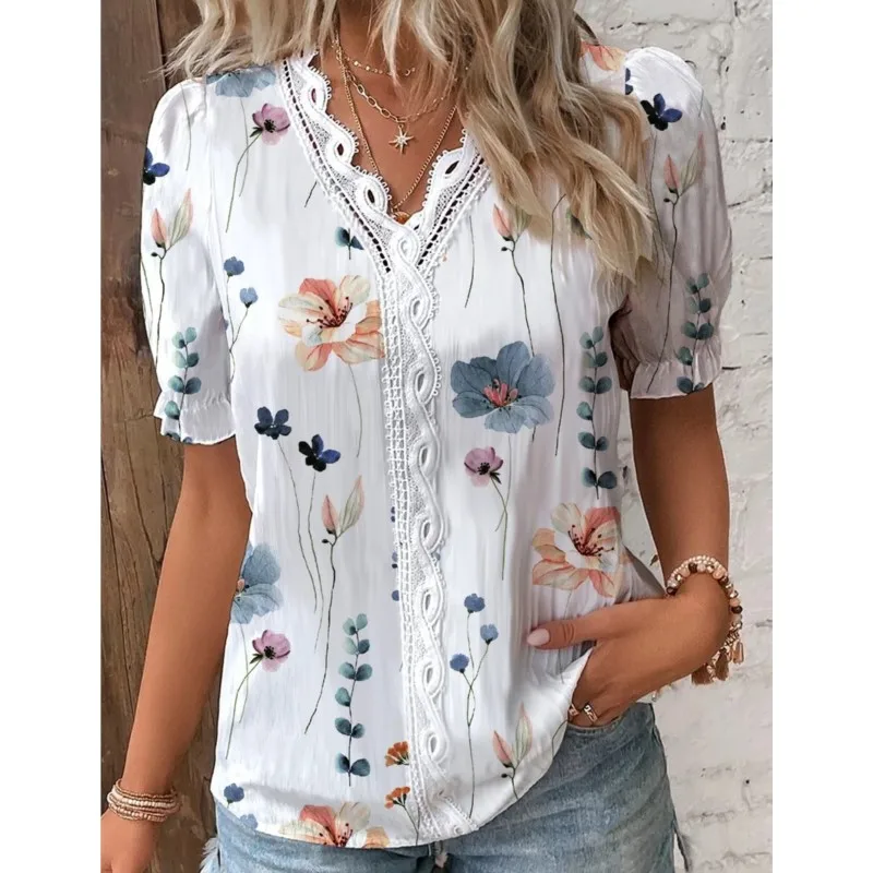 Floral Print Women\'s Blouses Fashion Sexy V-neck Casual Short Sleeve Tops Shirts Elegant Office Ladies Shirts Female Streetwear