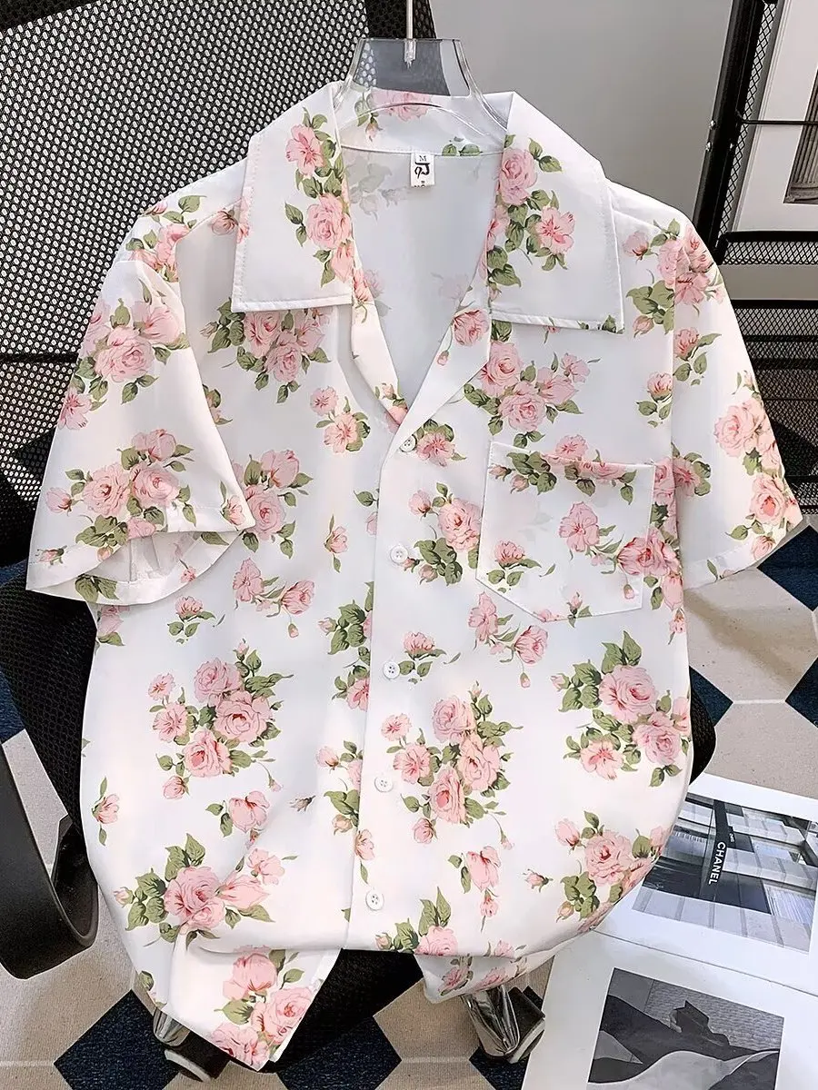 Summer Casual Floral Print Ice Silk Men's Shirt Short Sleeve Loose Fit Breathable Lightweight Polyester Beachwear Daily Wear