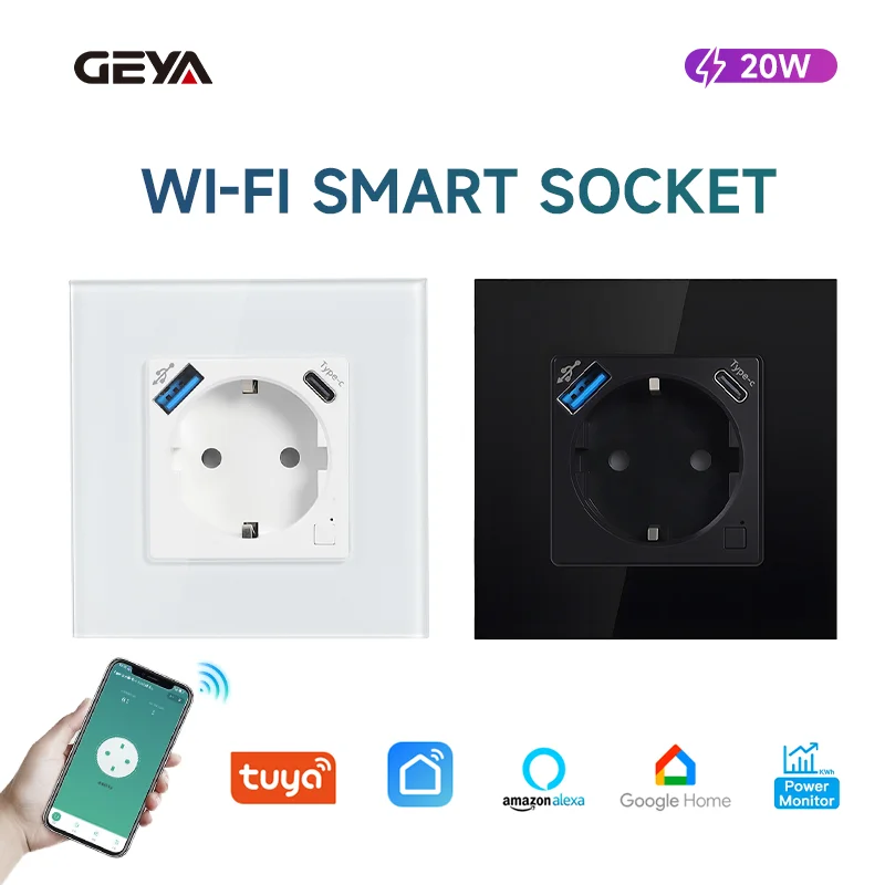 

GEYA Wifi USB Wall Socket with 20W USB-A/C Standard Recessed Wall Socket 16A Power Socket Tuya Smart Life App Alexa EU Sockets