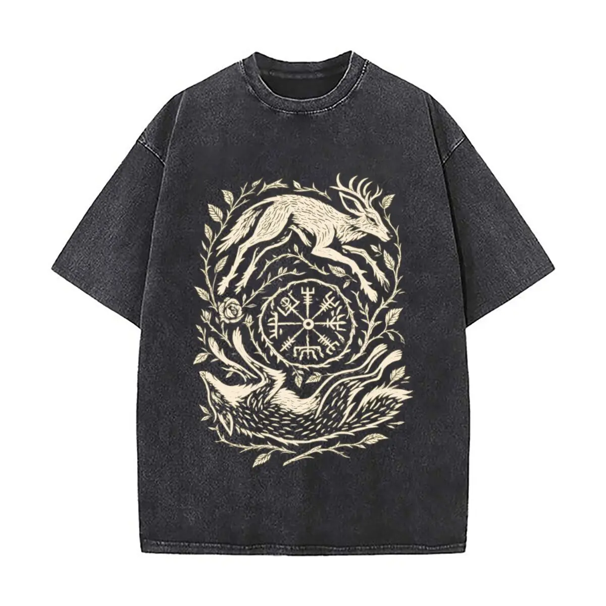 Norse Wolf Stag Vegvisir Forest Botanical Mystical Viking Design Washed Distressed Loose Streetwear Tops for City Walks