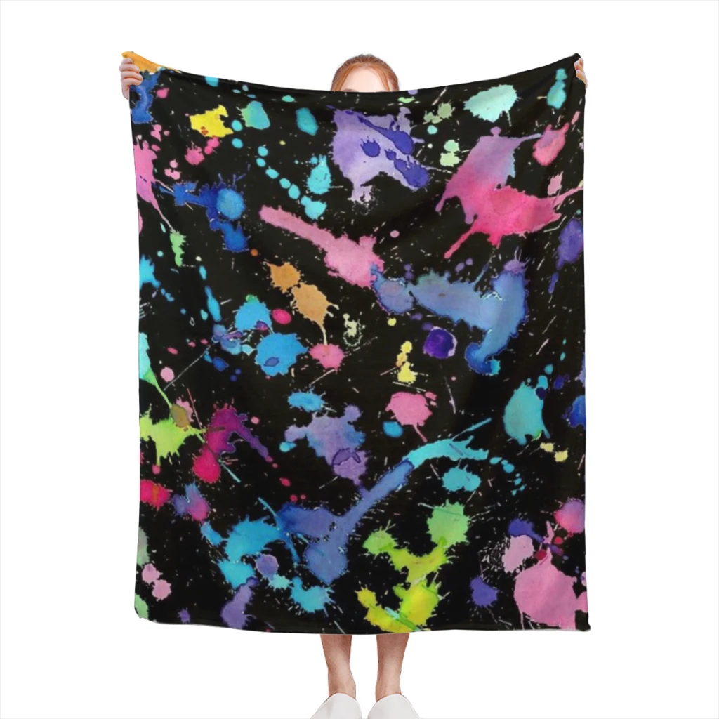 Black Background Paint Splatter Blanket Flange Textile Decor Portable Super Soft Throw Blankets for Home Office Plush Thin Quilt