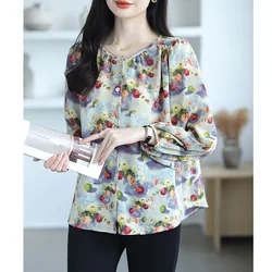 Women Clothing Fashion All-match Lantern Sleeve Chiffon Shirt Autumn Chic Print Button Blouses Lady Muslim O-neck Chic Tops