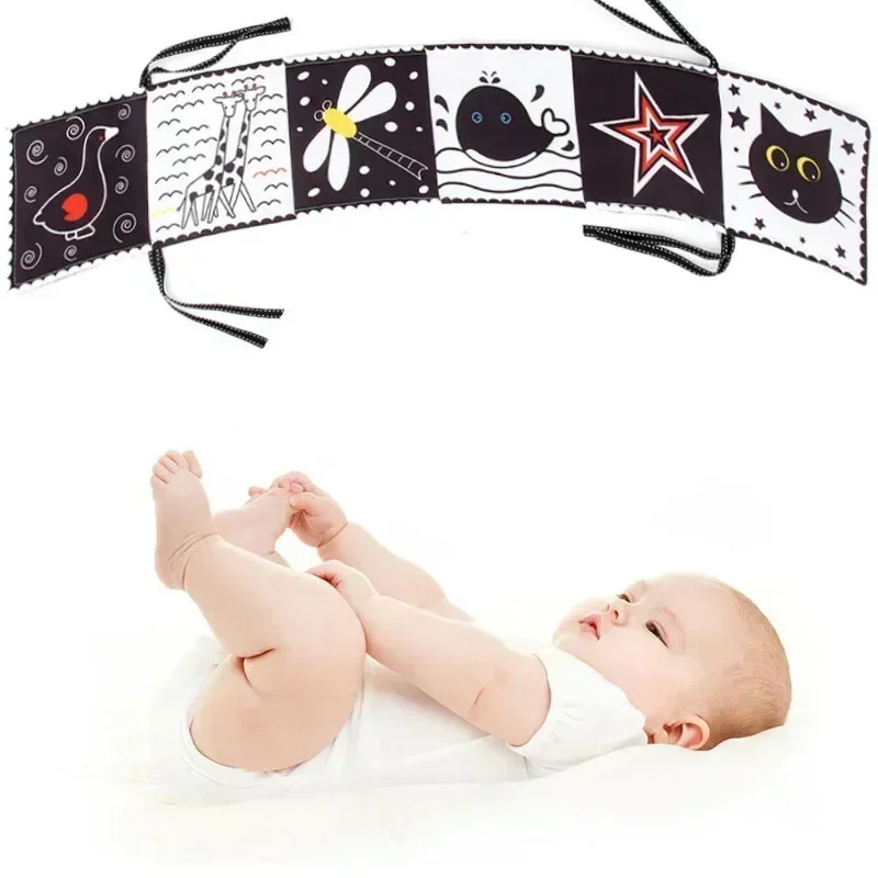 Livro de pano sensorial para bebê recém-nascido, alto contraste, brinquedos para berço, preto e branco, animal, montessori, 0-12 meses