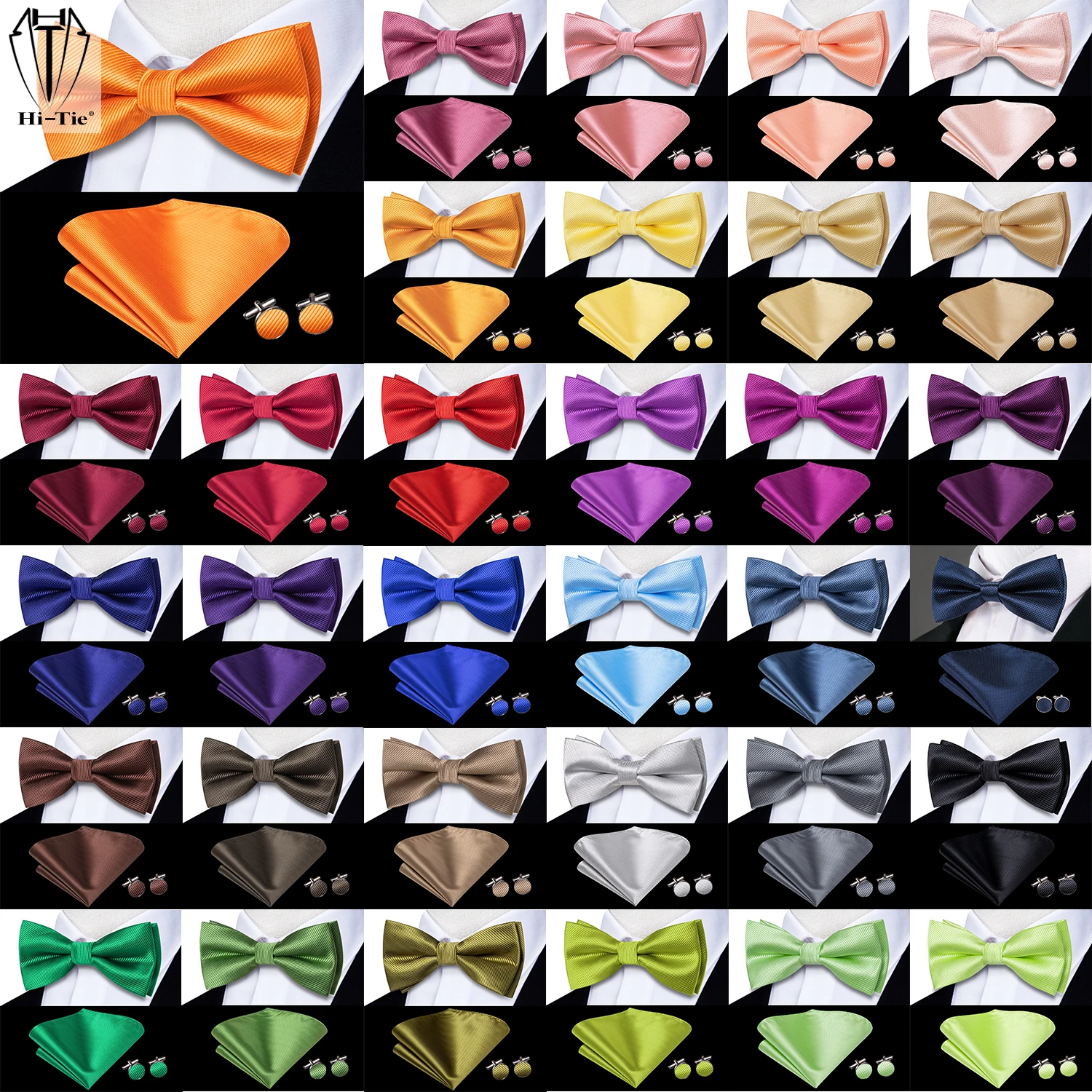 

Dropshipping Solid Silk Mens Bow Tie Hanky Cufflinks Set Pre-tied Butterfly Knot Bowtie Wholesale for Male Wedding Business