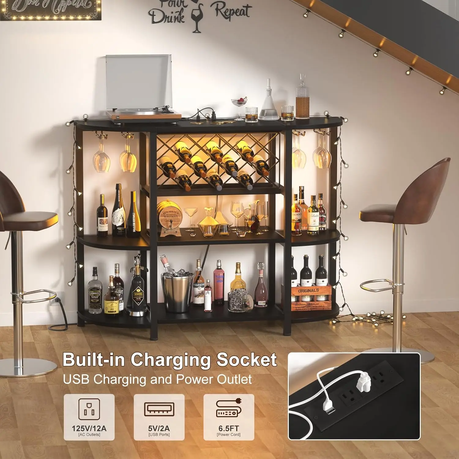 Unikito 4-Tier Metal Coffee Bar Cabinet with Outlet and LED Light, Freestanding Floor Bar Table for Liquor with Glass Holder