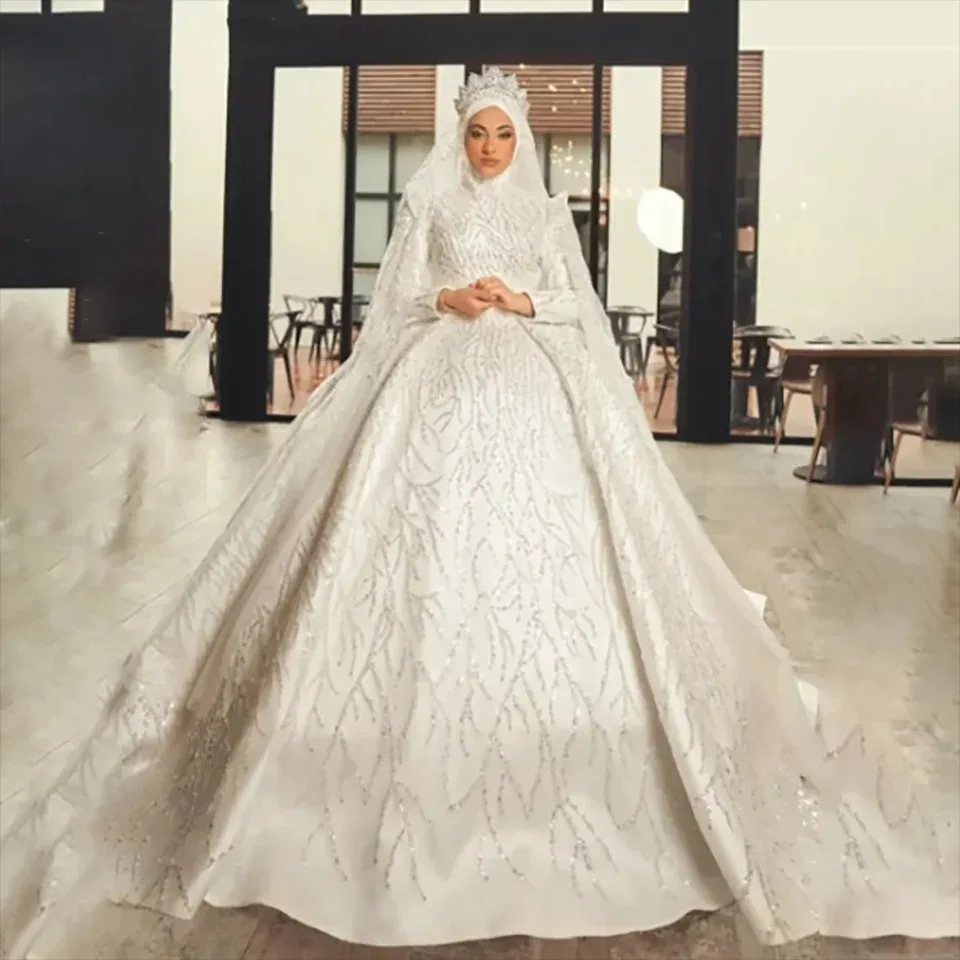 

Customized 2026 Elegant Muslim High Neck Lace Ball Gown Wedding Dresses Illsuion Court Train Tulle Bridal Gown For Women
