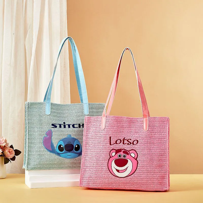 

Сумка-тоут Disney Lotso Bear Straw, розовая тканая сумка через плечо, вместительная повседневная пляжная сумка для ежедневного использования, милый подарок для девочек