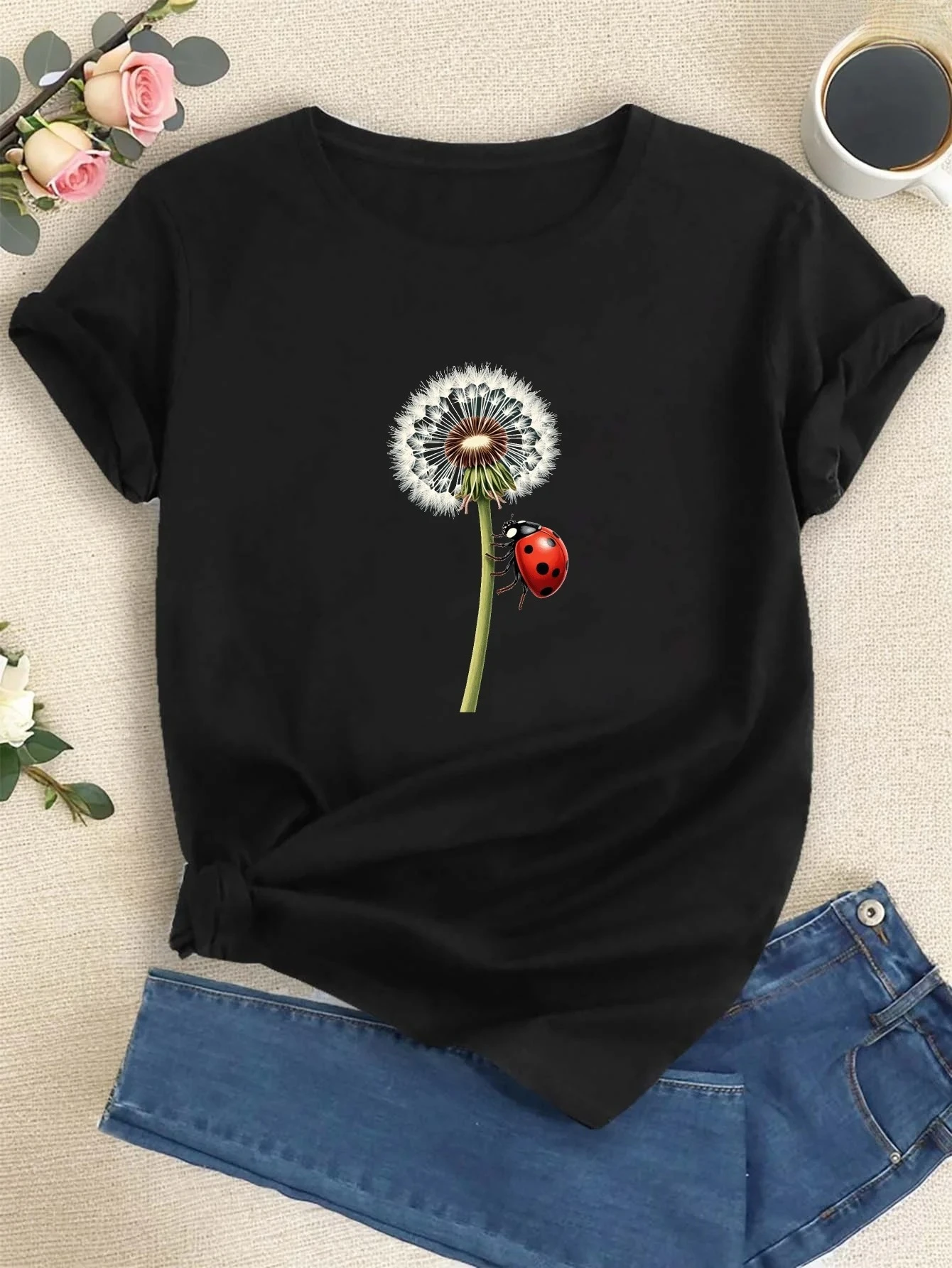 

Dandelion and Ladybug Graphic Print Women's Funny Short-Sleeve Round-Neck T-Shirt Summer Short Sleeved Harajuku Streetwear Tops