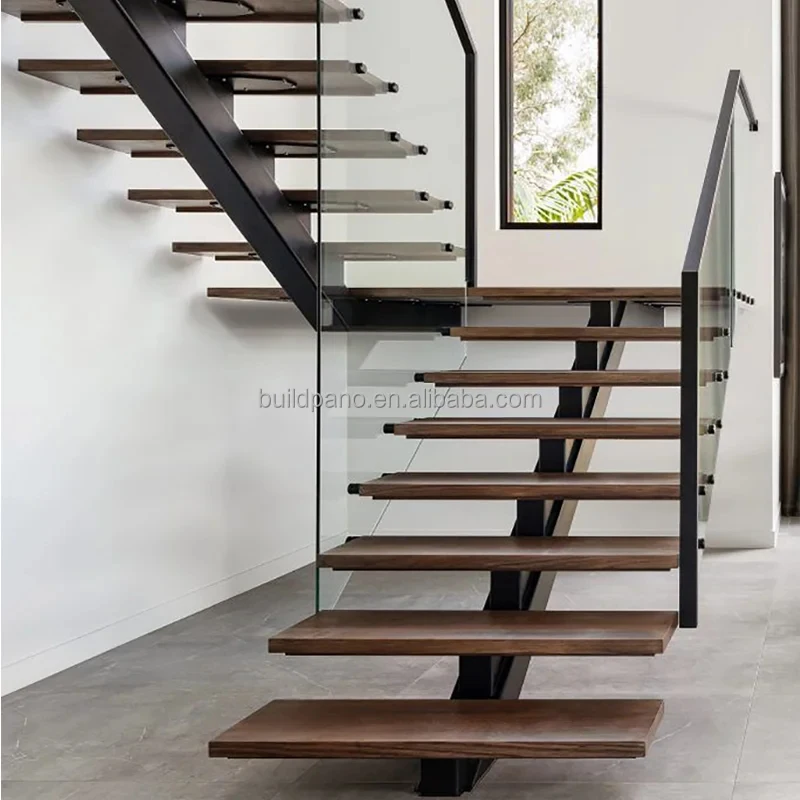 custom.Modern Indoor Floating Stairs with Durable Mono Stringer Glass Railing Design Apartment Hall Use Wooden Str