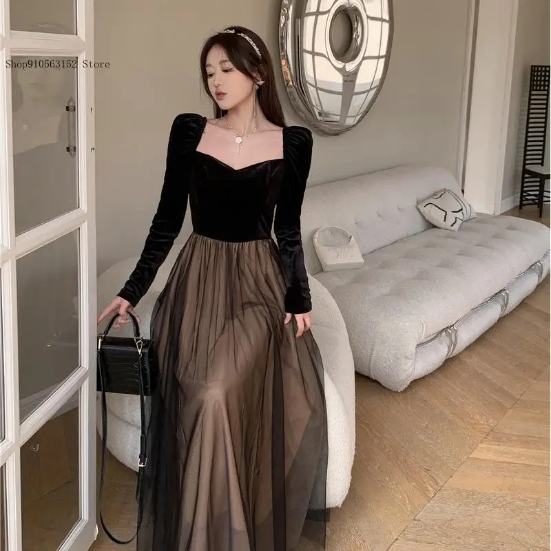 Autumn and Winter Mesh Patchwork Long Sleeved Slim Fitting Waist Style Elegant Long Dress for Women