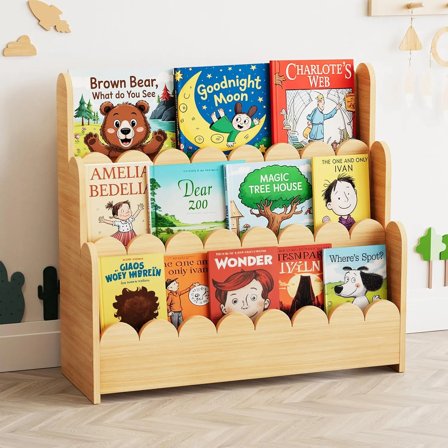 

3-Tier Scalloped Bookshelf, Montessori Bookcase for Toddlers, Wooden Book Shelf Organizer Display Furniture for Kids Rooms, Play