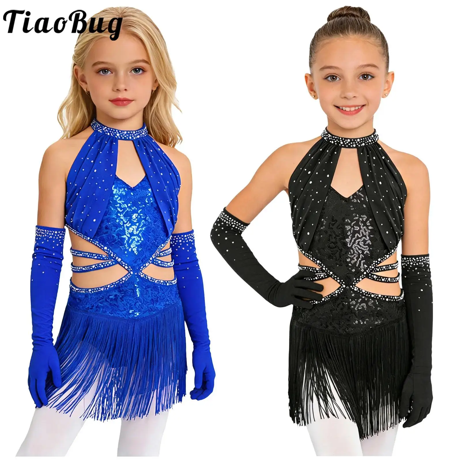 Vestido de baile latino de jazz, tango y salsa para niñas, sin mangas, con volantes, malla recortada, tiras en la cintura, leotardo brillante con lentejuelas y guantes
