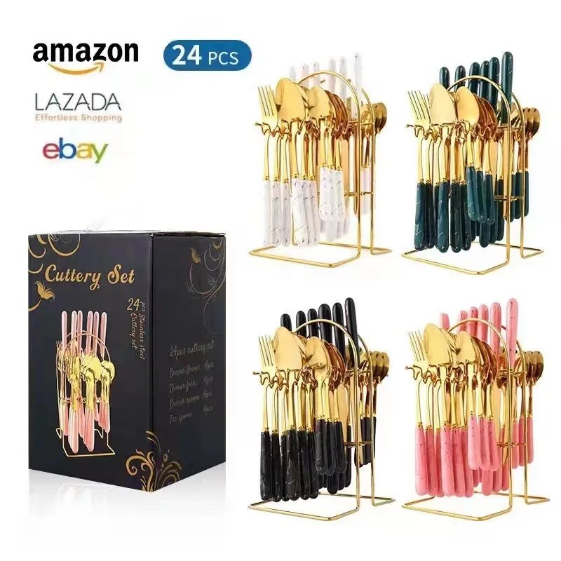 

Cross-border stainless steel tableware 24-piece set Nordic dark green hotel western tableware steak knife storage rack gift box