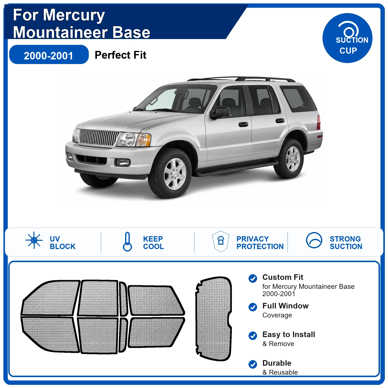 For Mercury Mountaineer Base 2000-2001 Custom Full Set Windshield Sun Shade Aluminum Foil Heat Insulation Anti UV Foldable