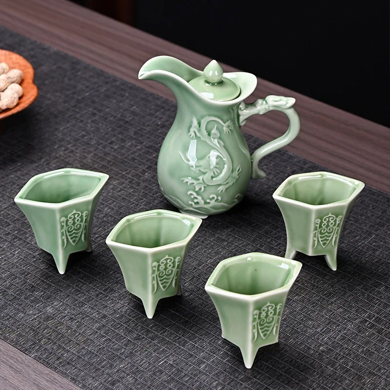 Antique Ceramic Wine Set with Relief Emperor Cup 1 Pot 6 Cups Creative Carafe