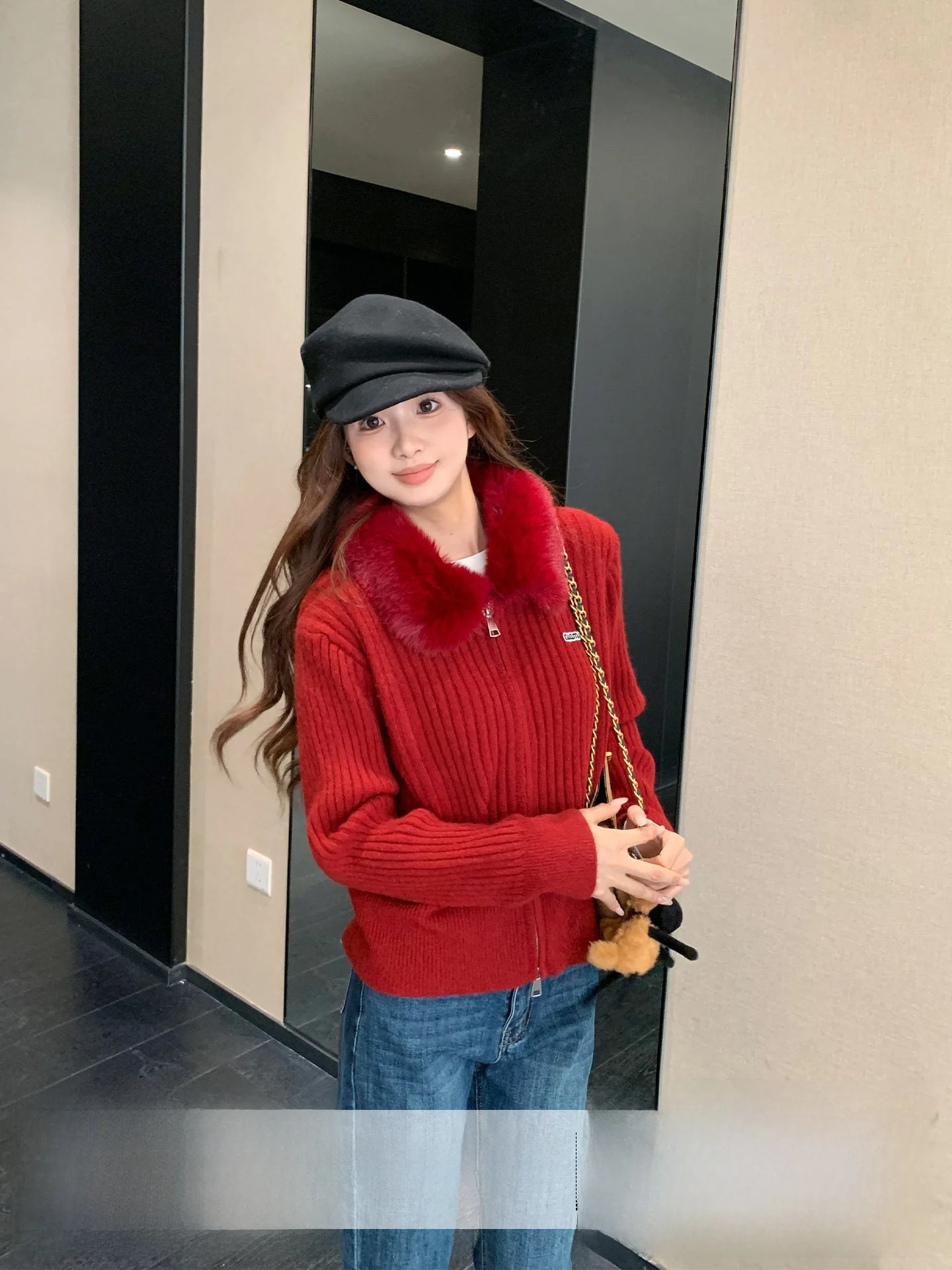 

Red Knitted Sweater Coat Collar New Year's Faion Women's Regular Fit Long Sve Zipper Closure Cardigan Sle Faux Fur Collar