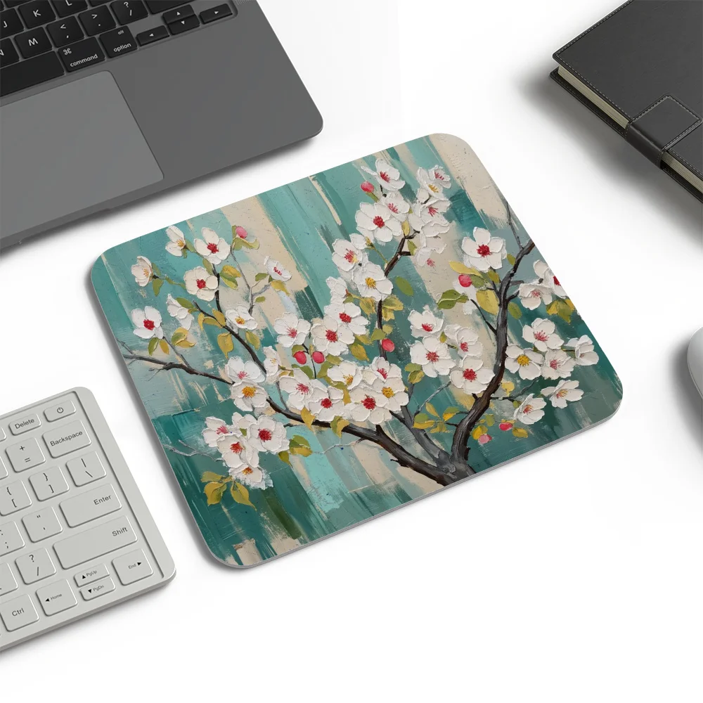 Sakura mouse pad Blue green background with white design Square desk mat rubber edge pads office accessories Desktop decoration
