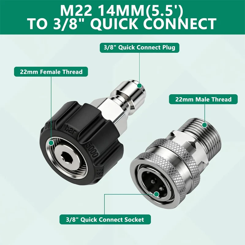 Hochdruckreiniger Schnellverbindungs-Set, M22-14mm/15mm auf 3/8" Schnellverbinder, Schwenkadapter-Set für Hochdruckreiniger-Schlauch und -Pistole – Detail 4