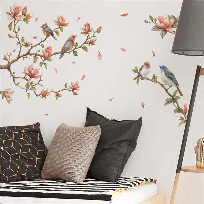 90*39CM Birds On The Magnolia Tree Branches Wall Stickers For Bedroom Living Room Entrance Home Decoration Self-Adhesive