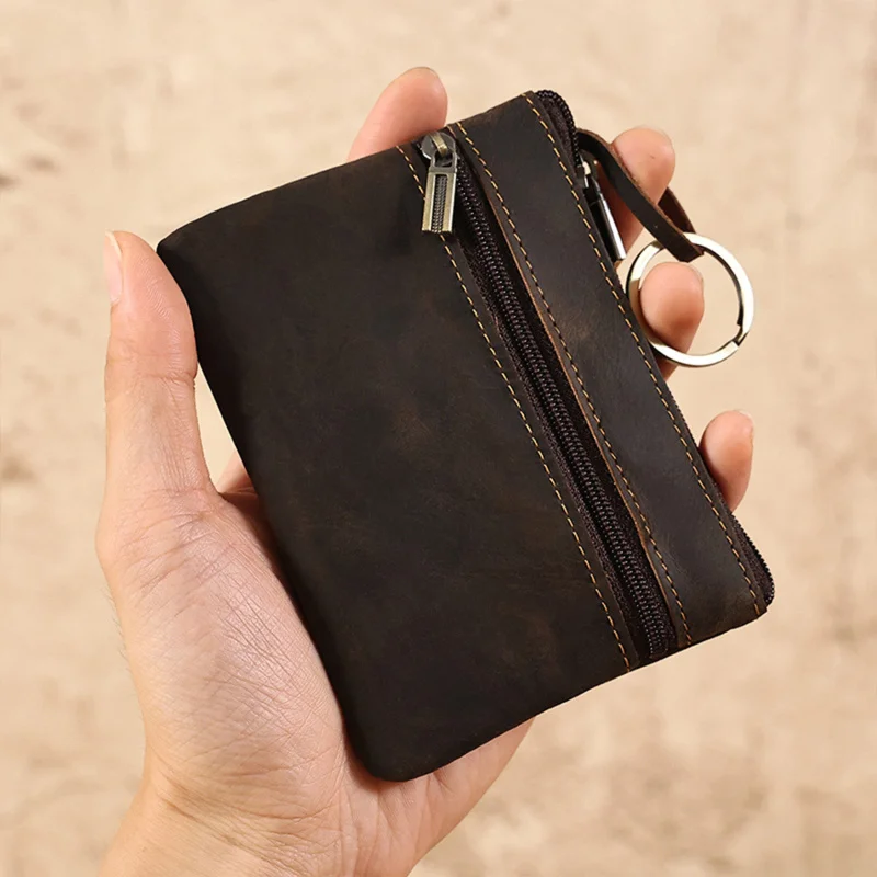 Monedero Retro de cuero genuino con llavero para hombres y mujeres, billetera de piel de vaca con cremallera, Mini bolso Vintage