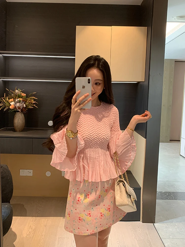 

Spring Elastic Pleated Women's Top Slimming Versatile XINYI HU XIN Casual Style Loose Fit Long Sleeve round Neck Polyester