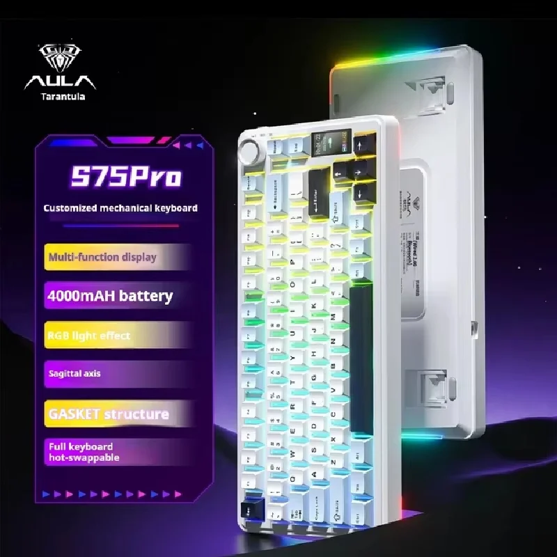 

AULA S75 Pro Mechanical Keyboard Tri Mode Hot Swap RGB Wireless Gaming Keyboards 4000mAh With Screen Knobs Gasket PC Gamer Gifts