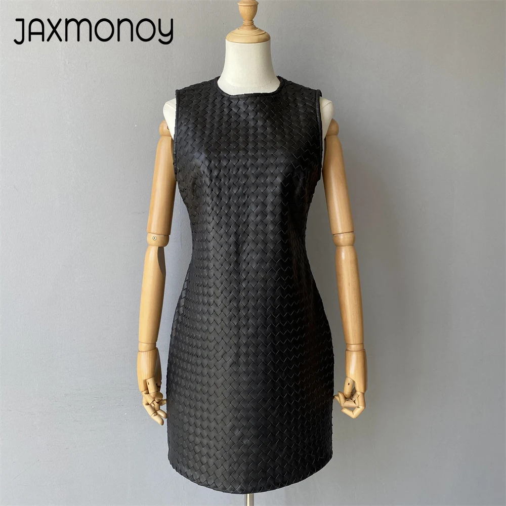 Jaxmonoy Women's Real Leather Dress Ladies Spring Fall Weave Sheepskin Sleeveless Dress Fashion Genuine Leather Vest New Arrival