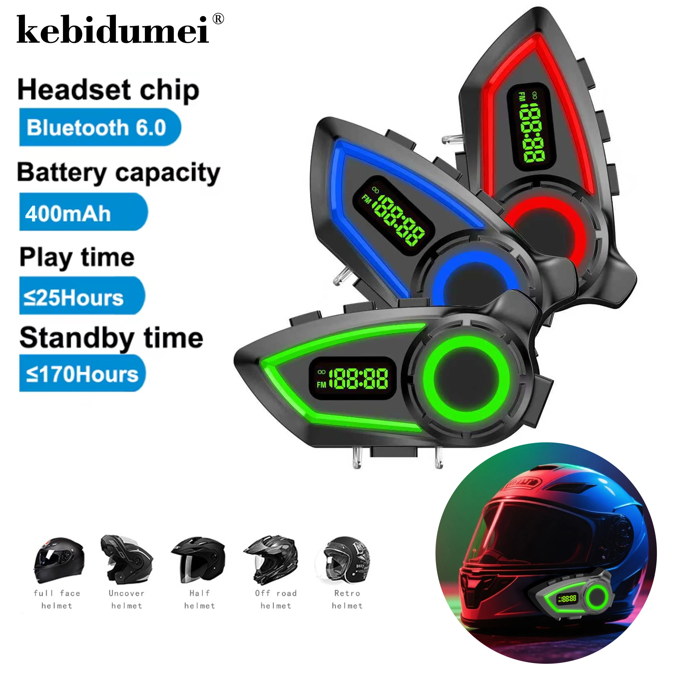 

Гарнитура для мотоциклетного шлема, стерео Bluetooth 6,0, громкая связь, IP65, водонепроницаемые наушники с FM-радио, трехцветный окружающий свет