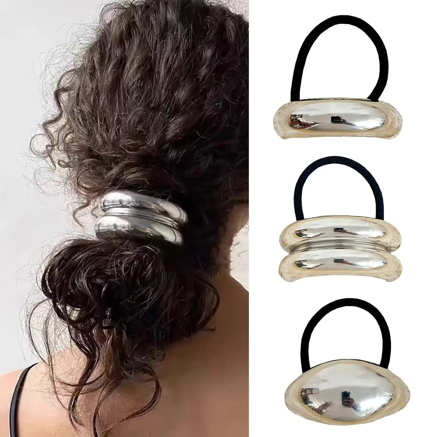 3 PCS Metal Hair Ties Gold Hair Cuffs Metal Hair Cuffs for Ponytails Gold Hair Ties Geometric Elastic Hair Ties Silver