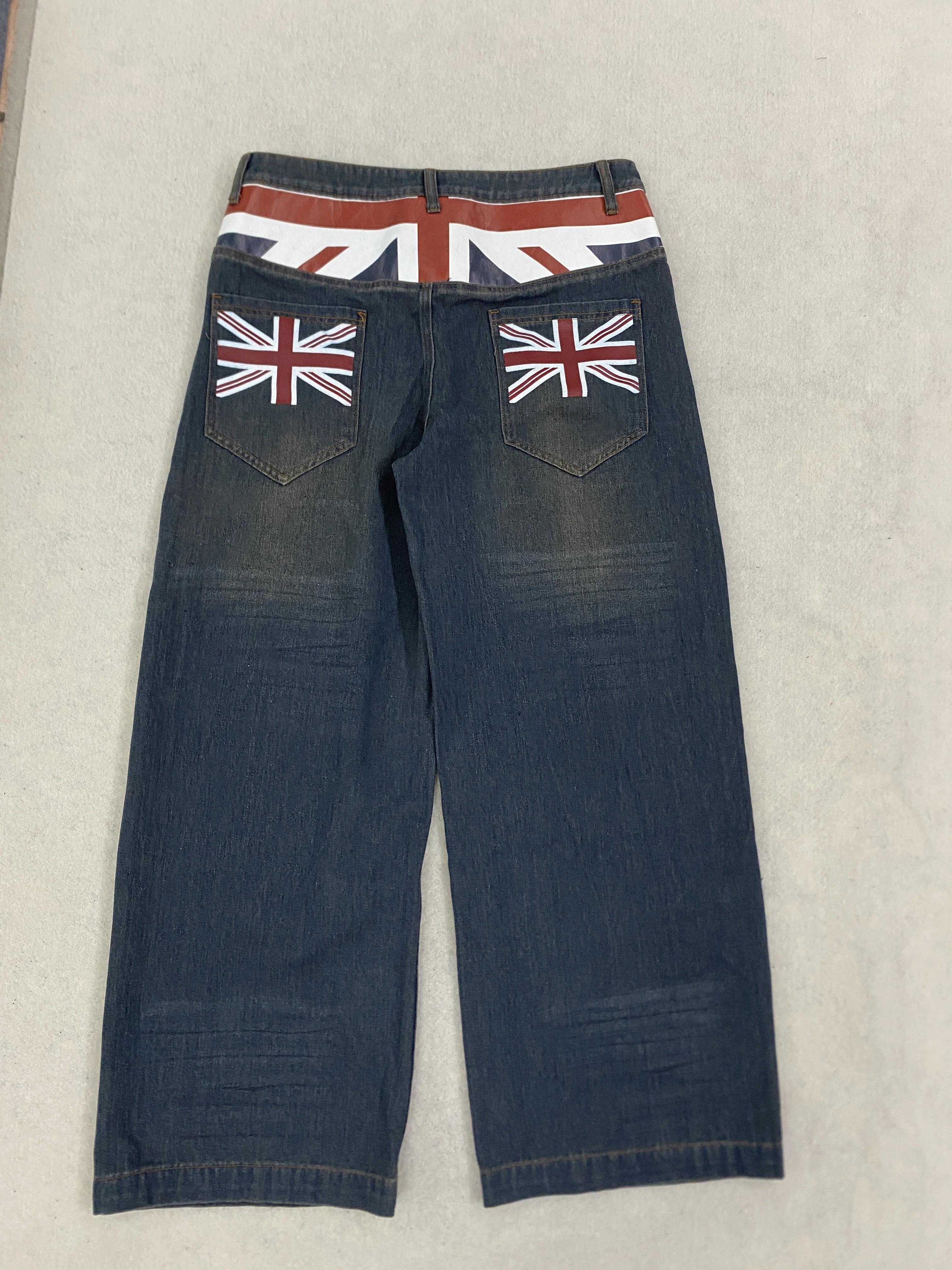 Y2K Retro UK Flag Back Pocket Baggy Jeans Dark Blue Distressed Streetwear Wide Leg Trousers