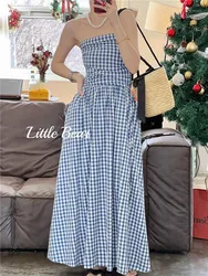 Gidyq Vintage Plaid Dress Women Korean Elegant Tube Top Folds Midi Dress Summer Holiday Beach Y2K All Match Female Vestidos