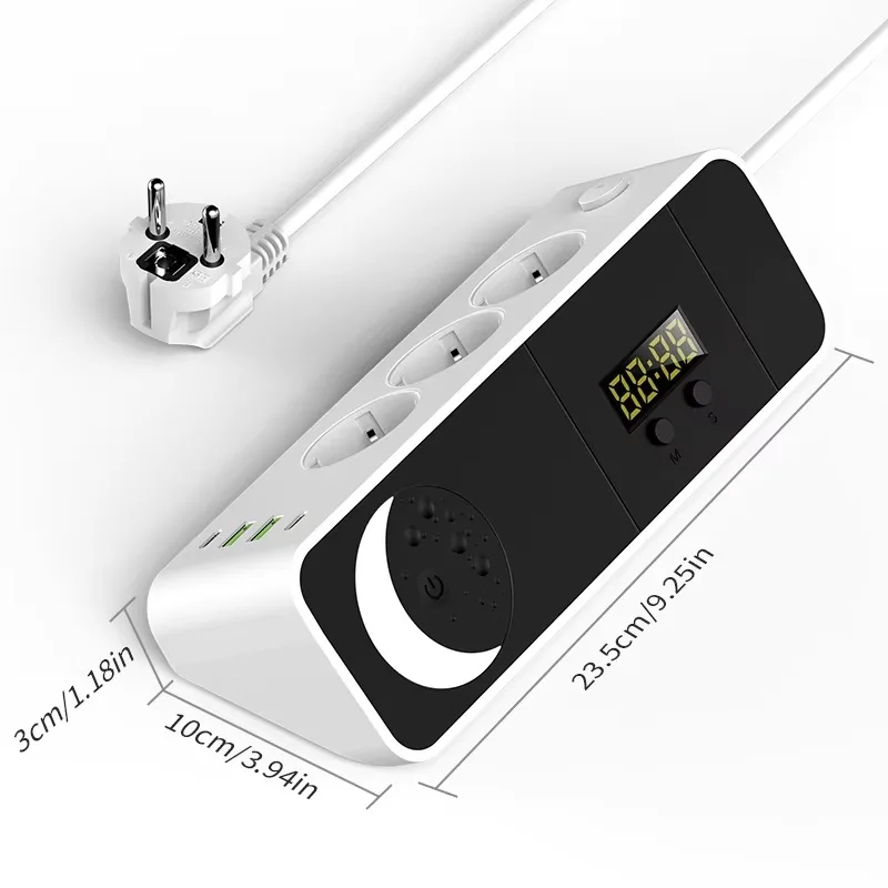 EU-Winkel-Verlängerungssteckdosenleiste mit Nachtlichtuhr, 2 USB- und 2 Typ-C-Anschlüssen für den Einsatz im Desktop, Zuhause und Innenbereich. – Detail 6